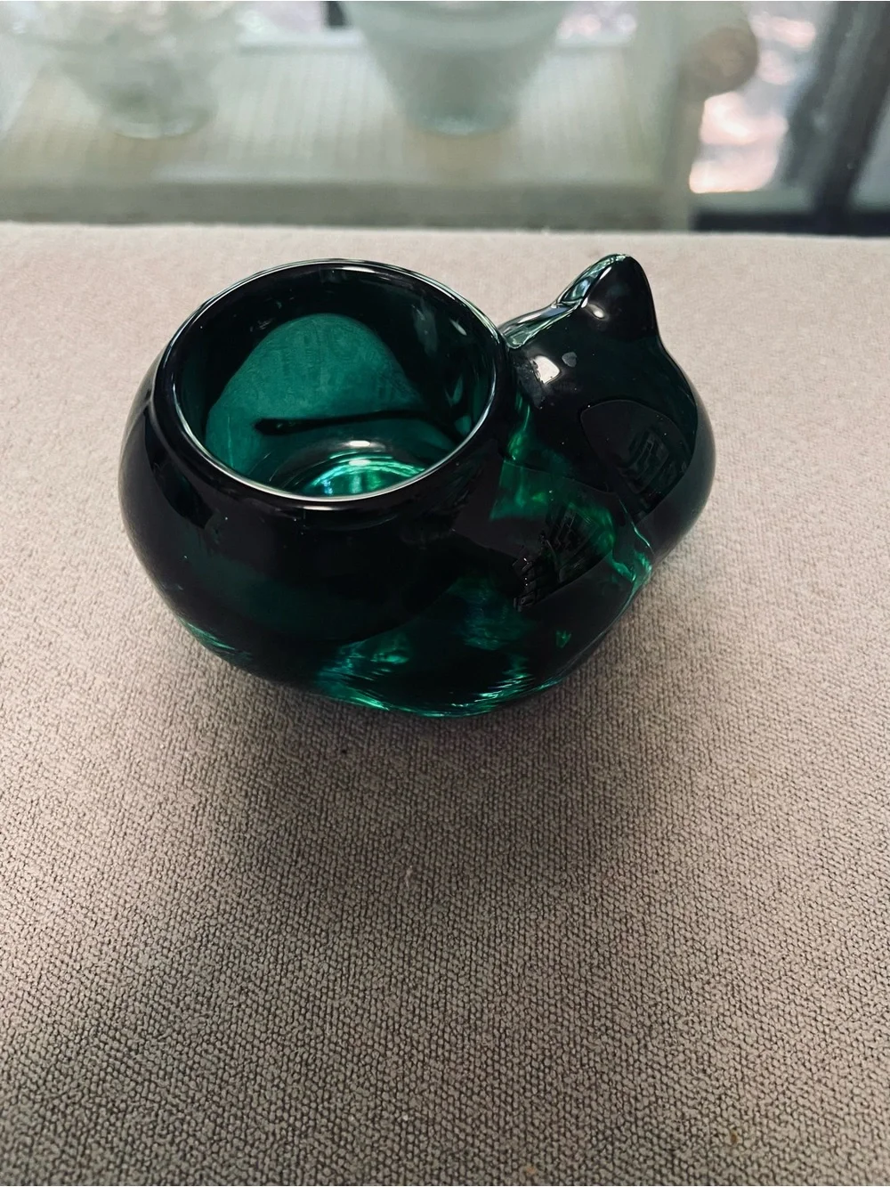Indiana Glass VTG Emerald Green Sleeping Cat Votive Candle Holder Paperweight